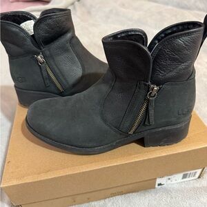 UGG Black Suede & Leather Side-Zip Short Ankle Boots